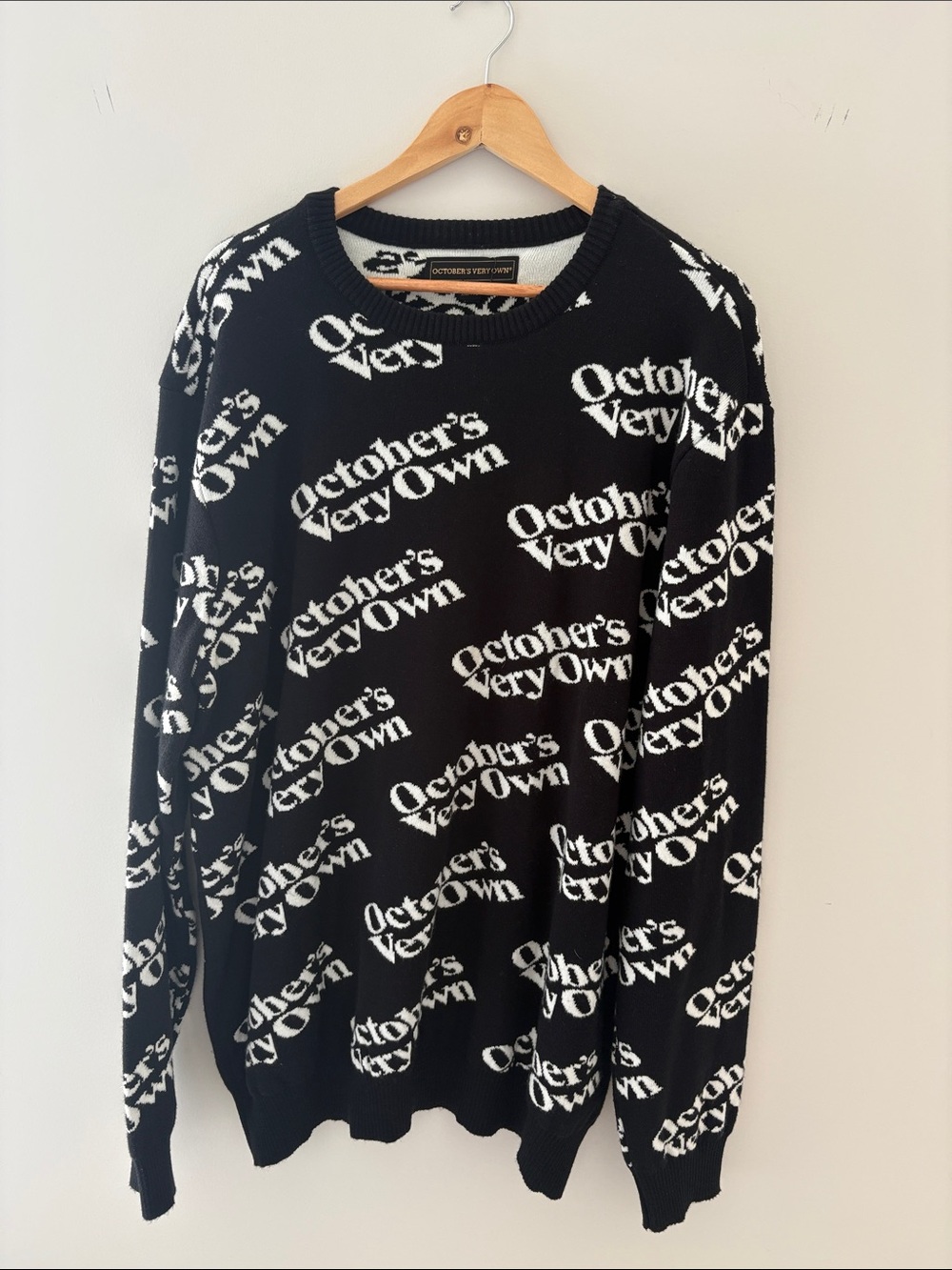 OVO Black Crewneck Sweater with White All-Over Logo